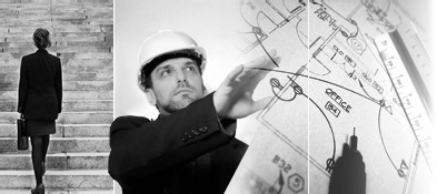 Project Management Advisor banner with montage of consultant, architect, construction manager, and management tools.